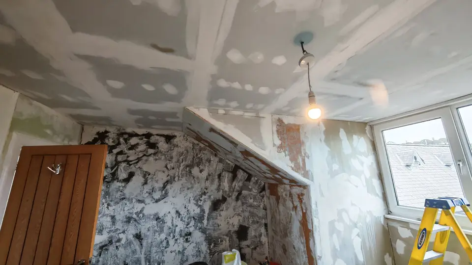 Prep: boarded ceiling joints taped and filled