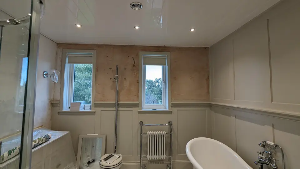 Bathroom with tree mural and panelling