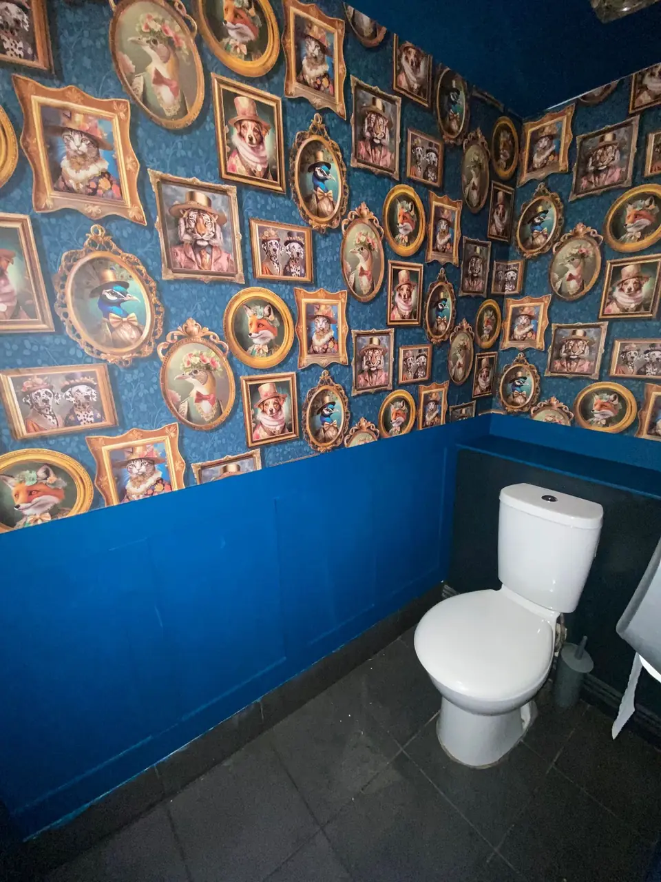 Animal portrait wallpaper over panelling painted deep blue