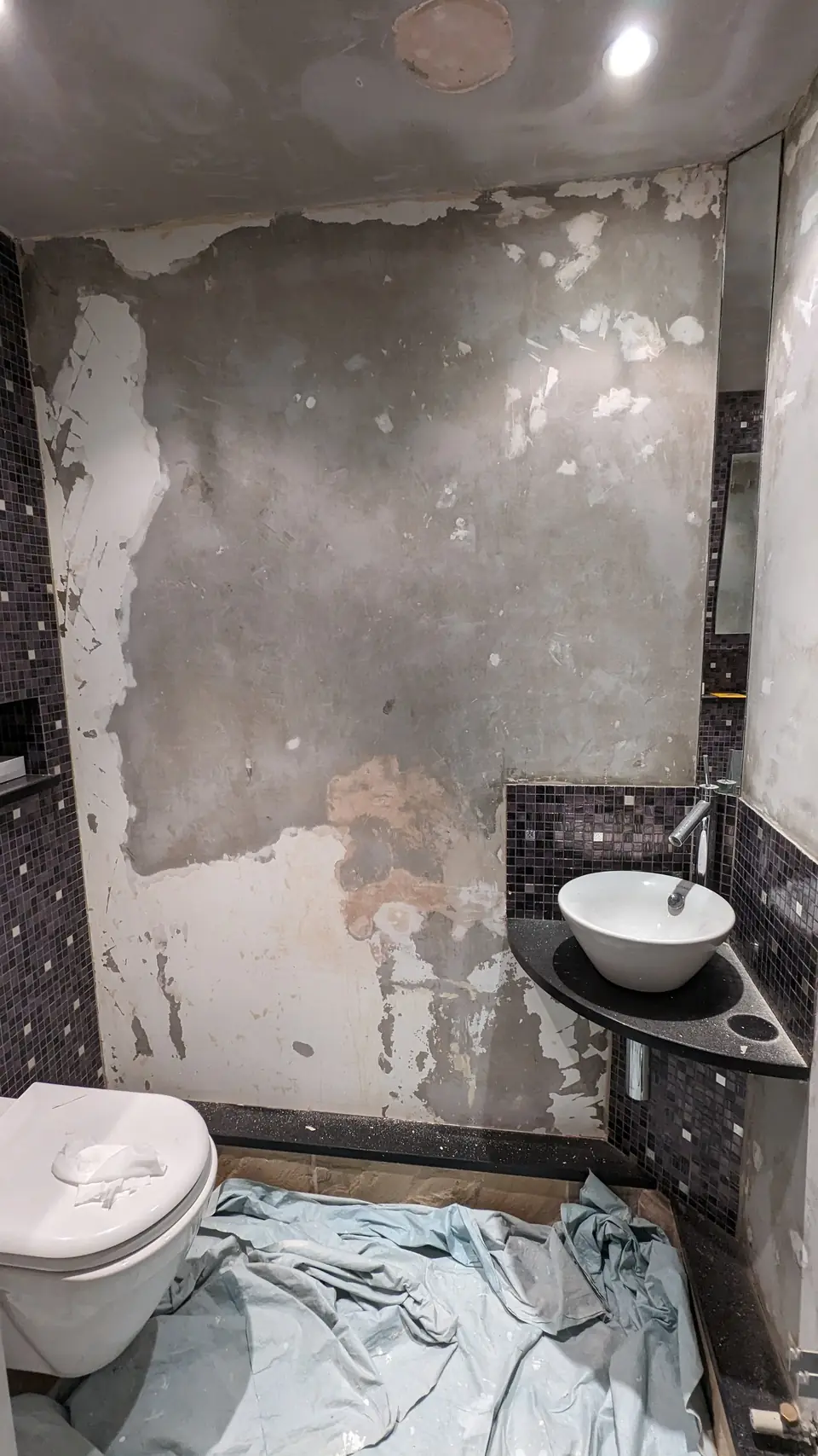 Before: cloakroom WC with damaged, patched walls