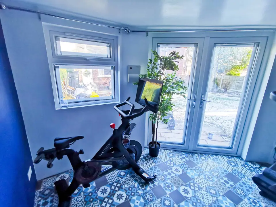 Garden room fitted out as a home gym