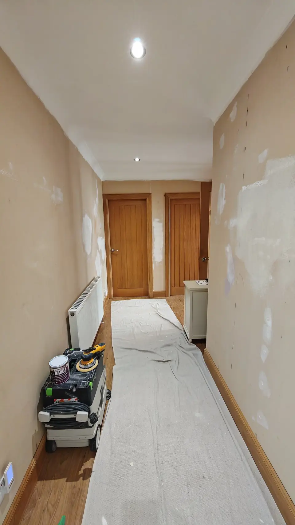 Prep: hallway walls filled and sanded with a Festool dust-extracted sander