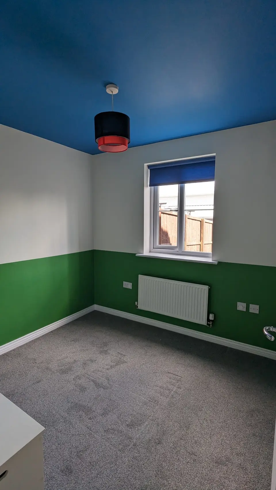 Kids room with green lower walls and blue ceiling