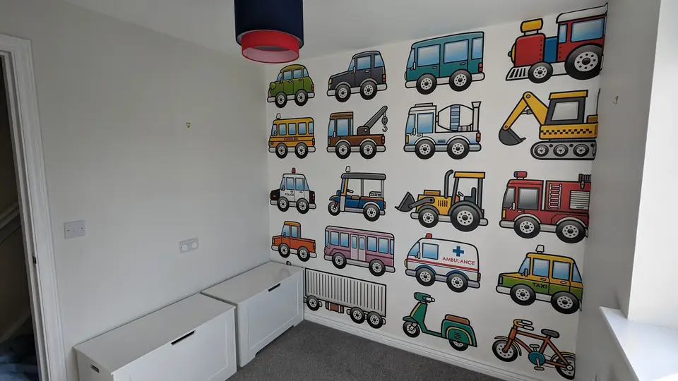 Vehicles mural wall and storage benches