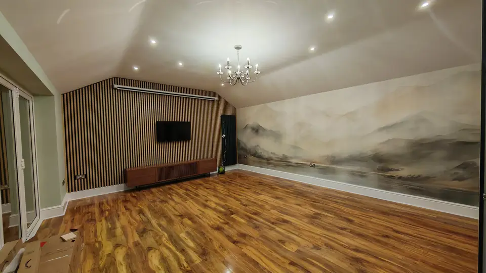 Loft room finished: acoustic wood slat wall and a misty mountain wall mural