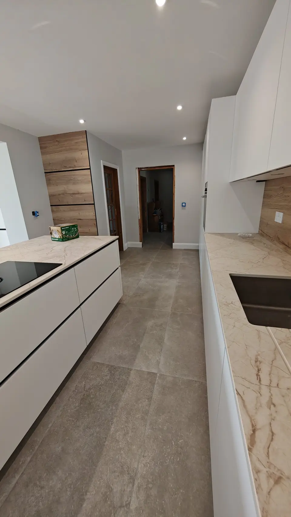 Galley run through to the hall door, walls and skirtings finished