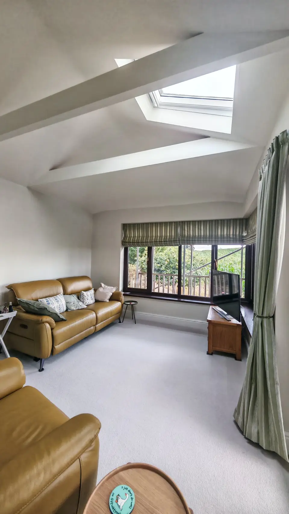 Vaulted lounge with skylight, walls and ceiling repainted