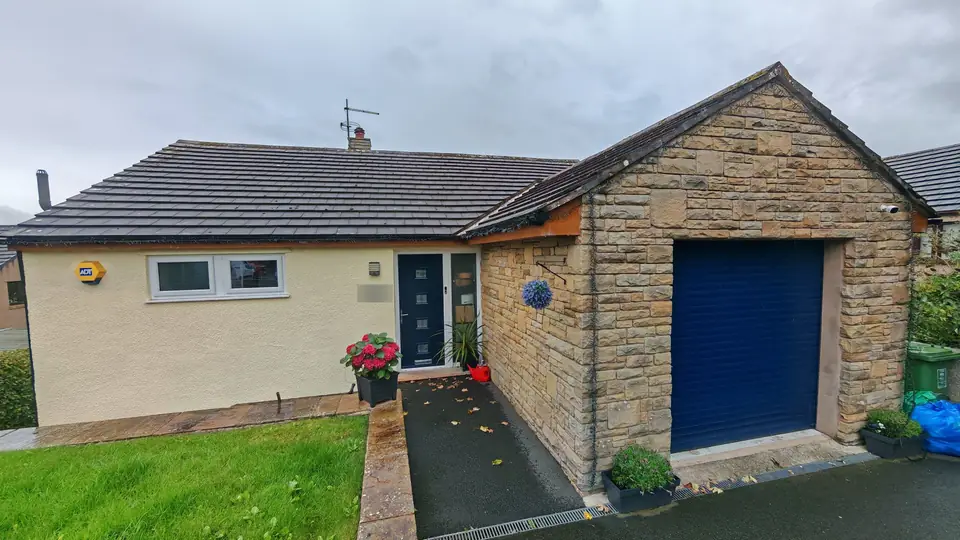 Pebbledash masonry painting, full house exterior in cream, Cumbria