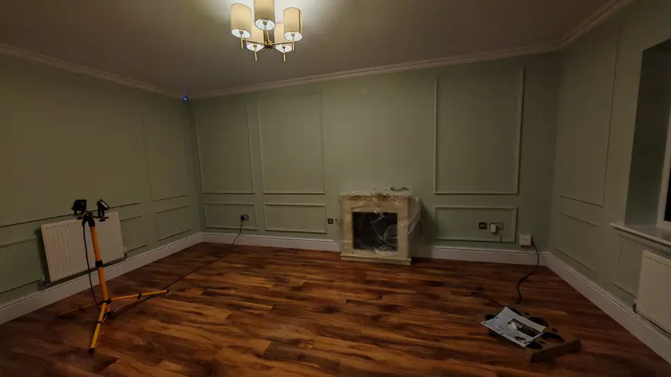 Sage green frame panelling, full room: full-height and dado-height frames, white skirting and coving