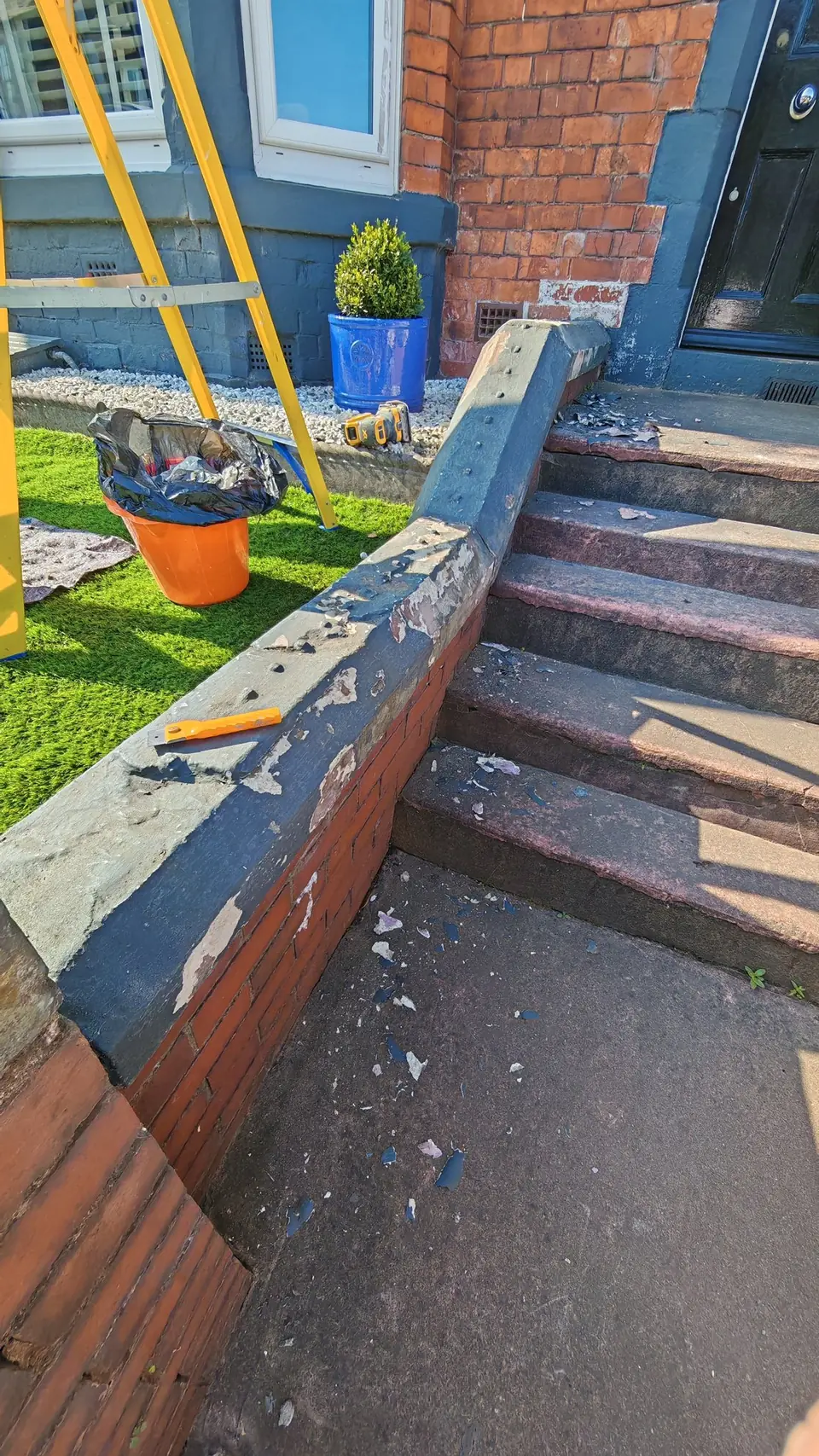 Prep: loose paint scraped back from the wall coping