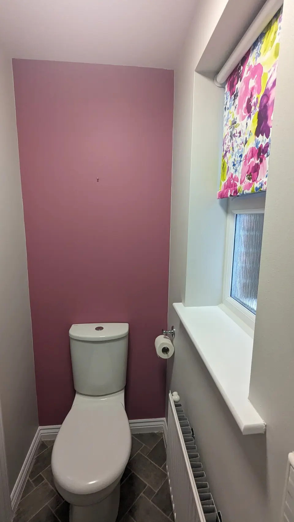Raspberry feature wall behind the toilet