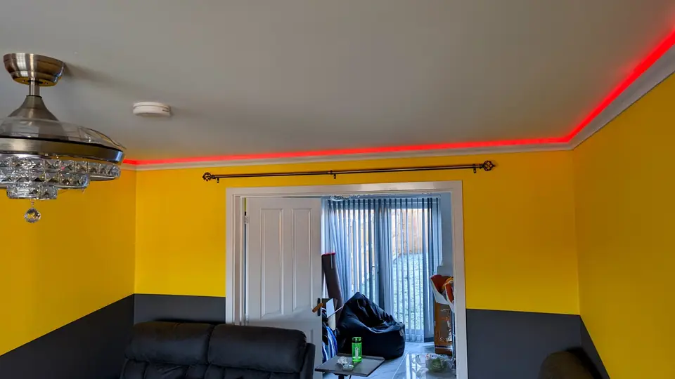 Living room painted in bold yellow with dark skirting band